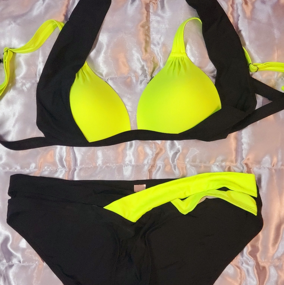 Black and neon yellow "Brand New"swimsuit.